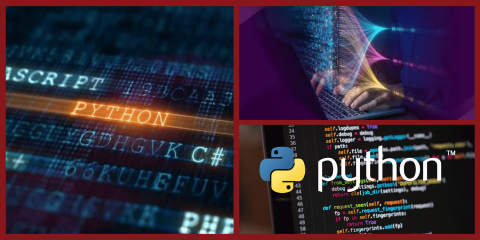 A collage of images about programming, including one of a code screen with the word 'PYTHON' highlighted, another of hands typing on a laptop with data stream effects, and a third with the Python logo overlaying a block of actual Python code.