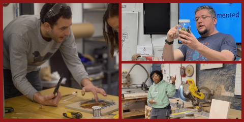 A three-panel image featuring three different instructors: one demonstrating stained glass techniques, another holding a jar of components, and a third teaching in a woodshop near a miter saw.