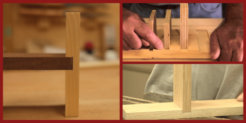 A collage of three photos demonstrating woodworking joinery, showing close-ups of various wood pieces being fitted into grooves and dado joints to create sturdy connections.