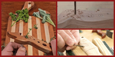 A three-panel image showing a drill press boring holes into wood, a hand carving fine details, and a finished wooden herb stripper removing leaves from a stem.