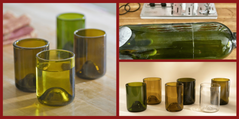 A collage of images showing the process and result of repurposing glass bottles into drinking glasses, including a scored bottle ready for cutting and finished sets of glasses.
