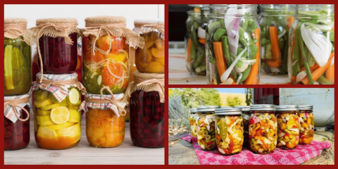 A collage of images showing various glass jars filled with home-preserved pickles, vegetables, and fruits.