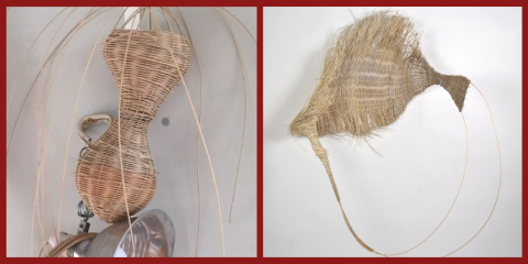 A collage showcasing two examples of artistic woven reed or wicker sculptures.