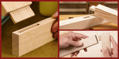 A collage of three images demonstrating mortise and tenon woodworking joints, showing close-ups of fitted wooden pieces and joinery construction.