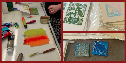 A collage of photos showing linocut printmaking, featuring carved blocks, inked surfaces, and finished prints of plants and animals.