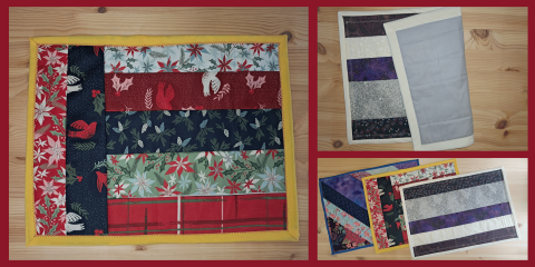 A collage showcasing finished fabric projects from a 'quilt as you go' class, featuring various colorful patterned fabric strips sewn into rectangular table mats.