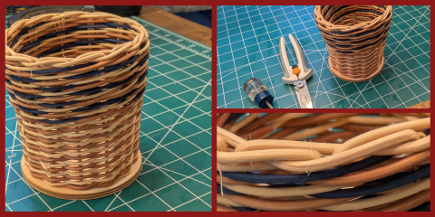 A collage of photos showing basket weaving, featuring a finished cylindrical woven basket, tools on a green cutting mat, and a close-up of the woven rim.