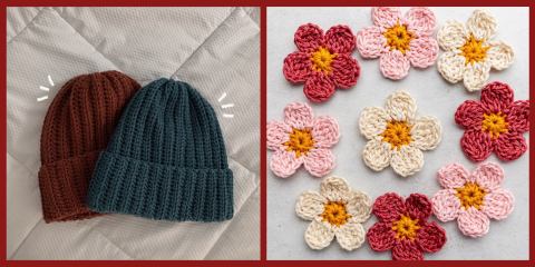 A collage showing handmade crochet items, featuring ribbed beanies in brown and dark teal on the left and a collection of colorful crochet flower appliques with yellow centers on the right.