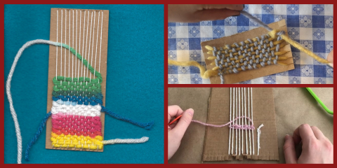 Collage of three photos showing yarn weaving on small cardboard looms. On the left, colorful yarn is woven through vertical white warp threads, while on the right, hands use needles to weave yarn across two smaller looms.