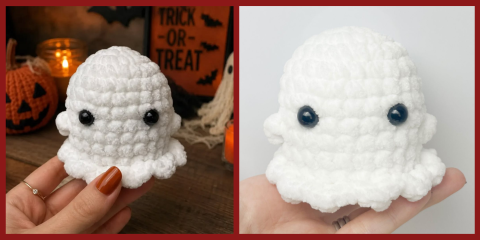 A side-by-side photo showing a small, handmade white crochet ghost plush toy with dark safety eyes, with Halloween decor in the background on the left and a close-up on a hand on the right.
