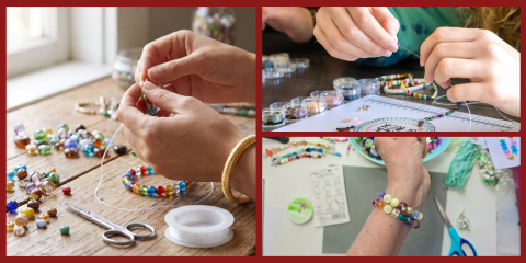 A collage of three photos showing hands crafting beaded bracelets. On the left, hands string colorful glass beads onto a clear cord, while the photos on the right show bead threading up close and finished bracelets on a wrist.