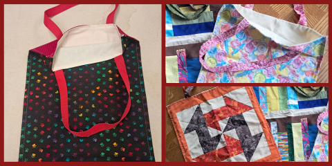 A photo collage displaying handmade fabric tote bags, featuring colorful paw print patterns and pieced patchwork designs.