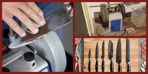 Three Images: One of a Tormak sharpener, one of a set of sharp knives, one of someone sharpening a knife on a Tormak.