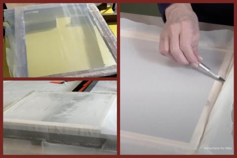 A collage of three images of people stretching screens on a silkscreen for printmaking