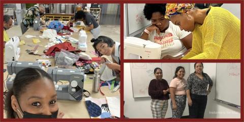 3 images of people working on sewing machines