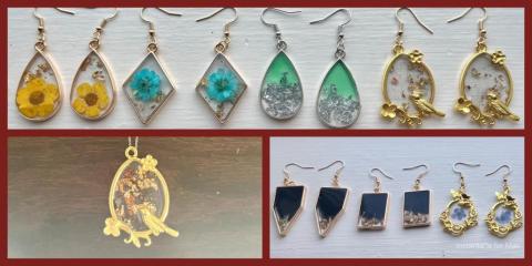 2 images of different color earrings, created in resin with different decorations embedded