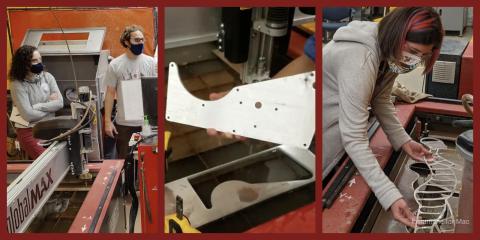 1 image of 2 people looking on at someone working the water jet computer. 1 image of the water jet cutting metal. 1 image of a woman removing a finished piece from the machine bed.