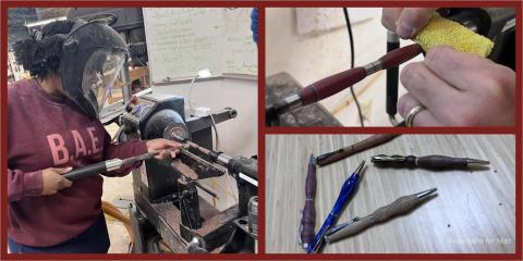 2 images of the MakeHaven lathes, 1 image of a piece of metal being turned on a lathe