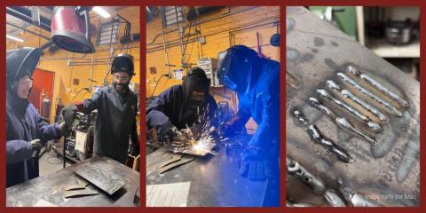 2 images of an instructor showing someone how to weld, 1 image of a series of practice welds.