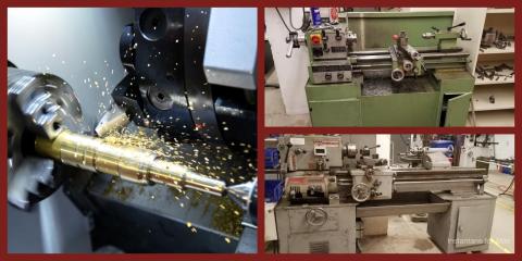 Collage of three metal lathes: a close-up of a lathe cutting metal with sparks, a green manual lathe, and a gray manual lathe in workshop settings.