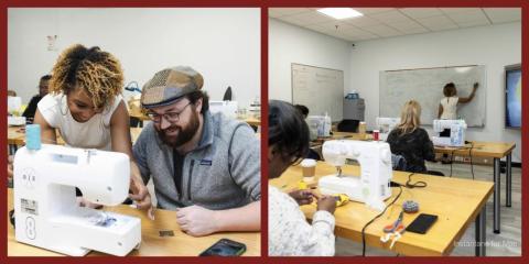 A collage from a sewing class: on the left, an instructor helps a smiling student at a sewing machine; on the right, students sit at tables working on projects while the instructor writes on a whiteboard at the front of the room.