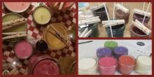 3 images of soy candles in small glass jars, both candles and jars are an assortment of cheerful colors