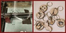 1 image of the inside view of a laser cutter in action. 1 image of an assortment of simple circular wooden keychains with laser cut images on them. 