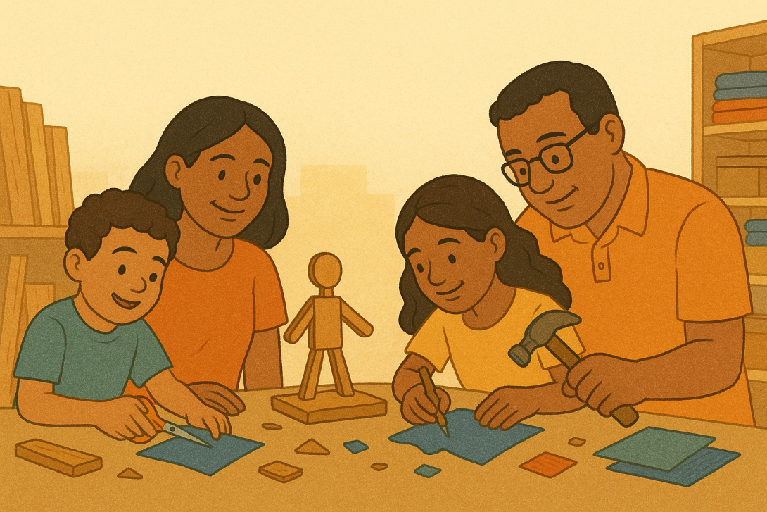 An illustration of two families working together at a makerspace table. On the left, a smiling boy cuts a piece of blue fabric while his mother watches supportively. On the right, a girl uses a hammer on a small wooden project while her father assists, holding the wood steady. In the center of the table is a small wooden figure, and scraps of fabric and wood are scattered around. Shelves of materials and a warm, beige-toned workshop background complete the scene.