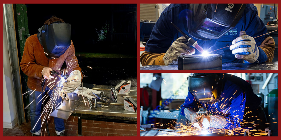 A collage showing welding in action: the left image shows a welder working at a table with sparks flying; the top right shows close-up TIG welding with a bright arc; the bottom right shows another welder leaning in as sparks scatter from the metal.