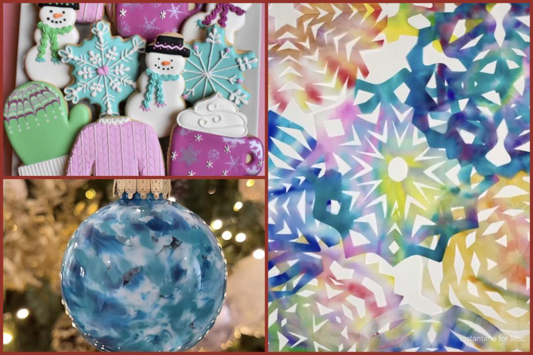 A three-panel holiday craft collage. The top-left panel shows decorated sugar cookies shaped like snowmen, snowflakes, mittens, sweaters, and mugs in pastel colors of pink, teal, white, and green. The right panel shows colorful coffee-filter snowflakes dyed in bright watercolor-like hues of blue, pink, yellow, and orange. The bottom-left panel shows a round, clear ornament filled with melted blue and white crayon swirls, hanging in front of a softly lit Christmas tree.