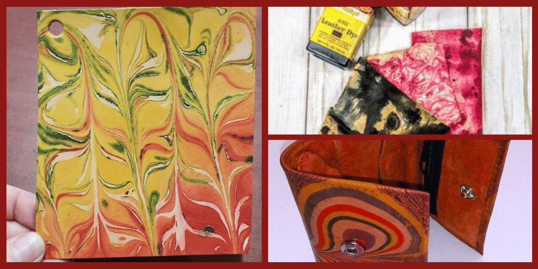 A collage with a dark red border showing examples of marbled leather. The left image features a hand holding a square piece of leather marbled in swirling yellow, orange, green, and white patterns. The top right image shows several small leather pieces in vibrant marbled designs—pink, black, and multicolor—alongside bottles of leather dye. The bottom right image shows a finished leather wallet with bold marbled stripes in oranges, reds, yellows, and browns, opened to display its snap closure.