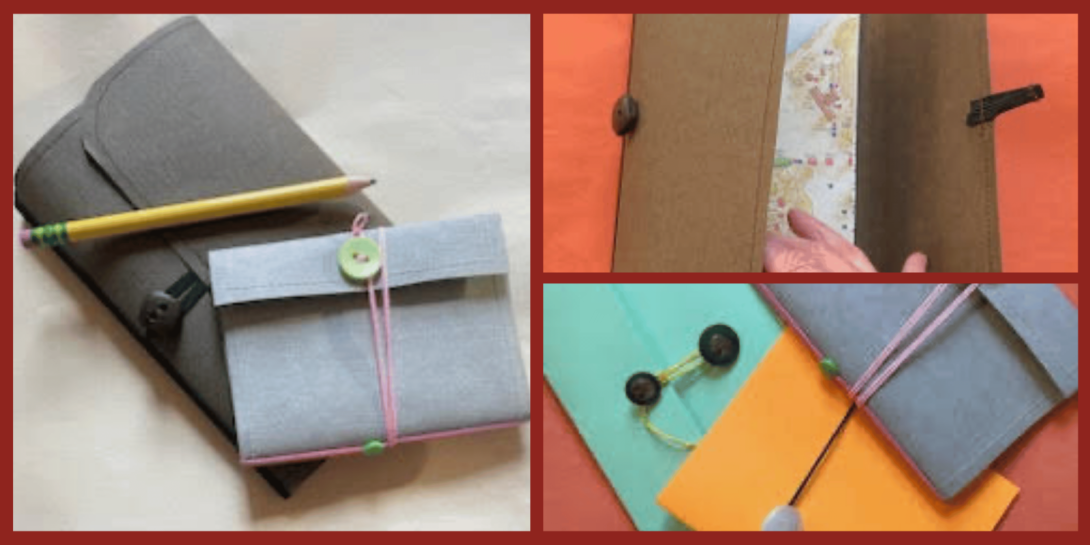 A collage showing handmade refillable notebooks with colorful covers and creative closures. The main image on the left features a brown notebook and a smaller gray one tied with pink elastic and a green button, with a pencil resting on top. The top right image shows a hand opening a brown notebook to reveal patterned pages inside. The bottom right image shows teal, gray, and orange notebooks secured with elastic loops and buttons. The collage has a dark red border.