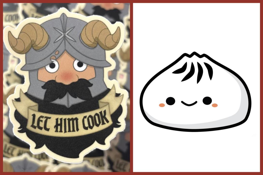 A split image with a red border. On the left is a cartoon Viking-style character with a horned helmet, blushing cheeks, a mustache, and wide eyes, holding a banner that says “Let Him Cook.” On the right is a cute, smiling bao dumpling illustrated in a simple, rounded style with rosy cheeks and black line details on top.