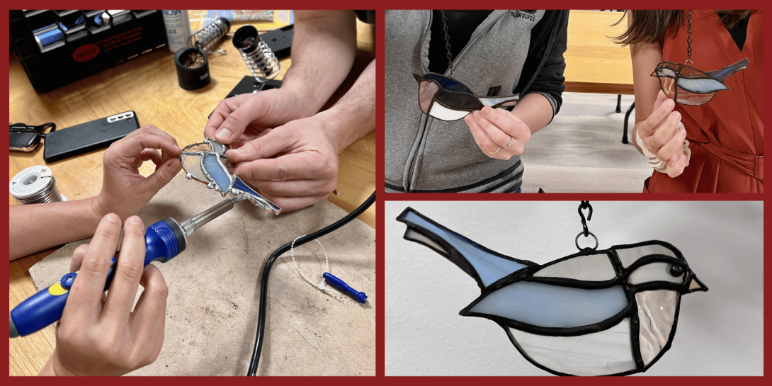 A collage showing the process of making stained glass bird ornaments with a dark red border. The left image shows two people soldering together pieces of blue and clear glass shaped like a bird. The top right image shows two people each holding their finished stained glass bird pieces by small hanging chains. The bottom right image shows a close-up of a finished bird ornament made of light blue, white, and black glass pieces with dark solder lines.