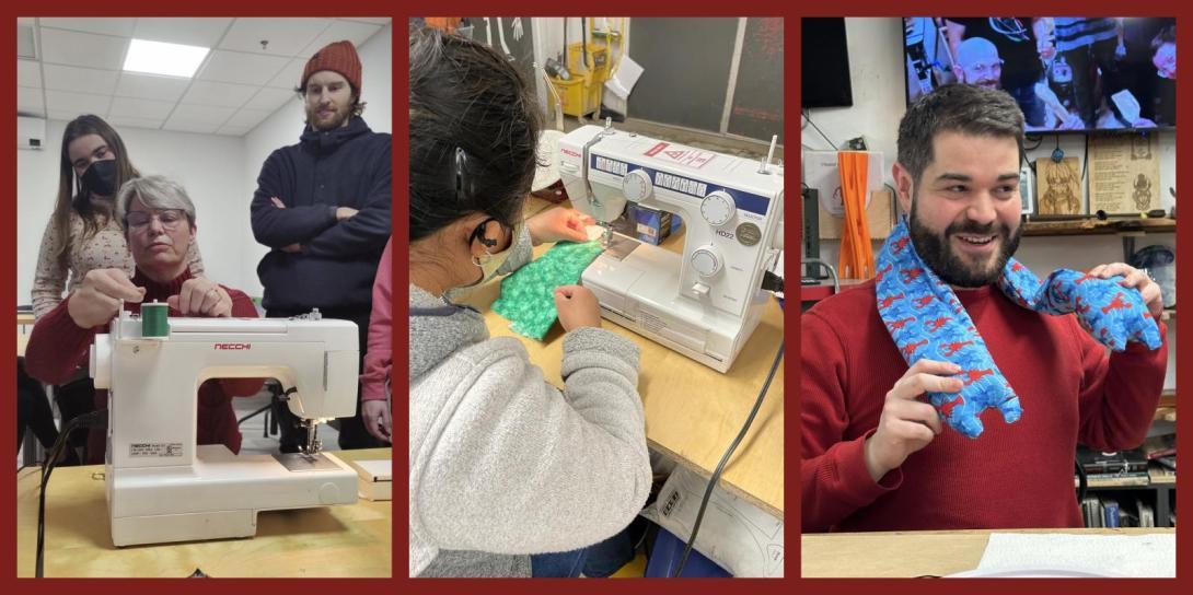 A collage showing moments from a sewing class. Left: an instructor demonstrates threading a white sewing machine while two students watch. Center: a learner sews green fabric on a different machine. Right: a smiling person in a red sweater models a handmade blue fleece scarf with red patterns.