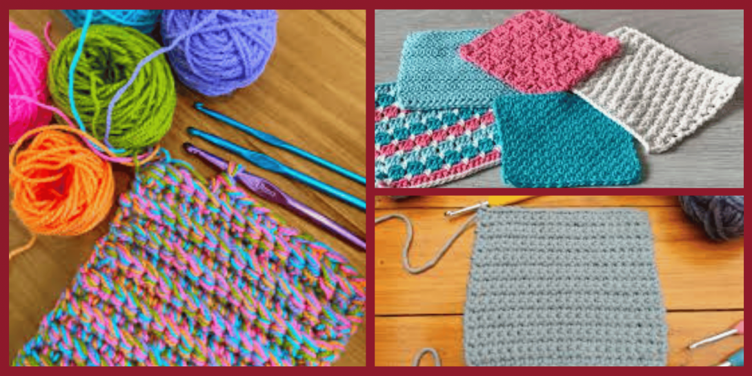 A collage of crochet work. Left: colorful yarn balls, crochet hooks, and a multicolored swatch in progress. Top right: several finished crochet sample squares in different stitches and colors. Bottom right: a gray crochet square laid flat on a wooden surface.