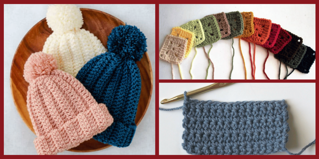 A collage of crochet projects, including three knit-style hats with pom-poms, a row of small crocheted squares in varied colors, and a close-up of a blue crochet swatch on a hook.