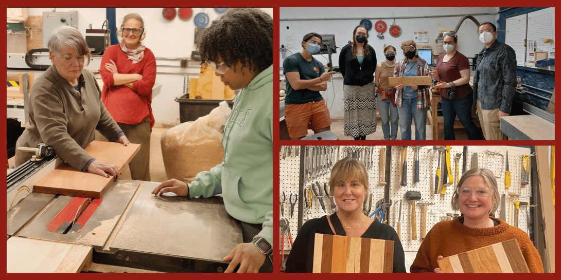 A collage with a dark red border showing a woodworking class. The left image shows an instructor guiding a student using a table saw. The top right image shows a group of participants standing together holding wood pieces they’ve milled. The bottom right image shows two smiling students holding up their finished striped cutting boards in front of a wall of tools.