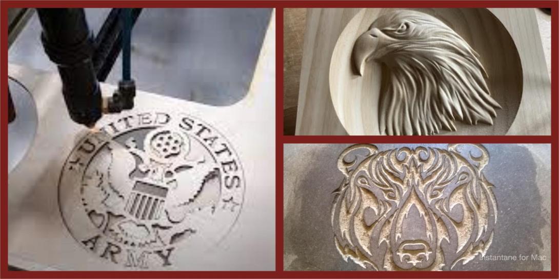 A collage showing CNC carving work. Left: a CNC machine carving the United States Army seal into wood. Top right: a detailed carved eagle head in wood. Bottom right: an ornate animal face design carved into a flat surface.