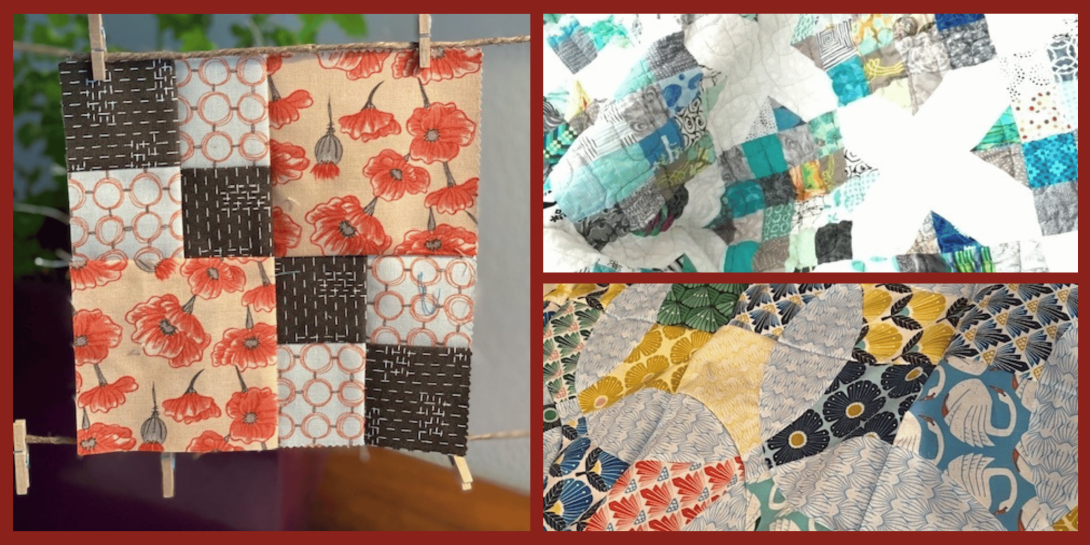 A collage of quilting projects. Left: a small patchwork block clipped to a line, made of red poppy prints, circles, and dark patterned squares. Top right: a teal, gray, and multicolored patchwork quilt forming a white “X.” Bottom right: a quilt section with curved pieces in floral and swan prints in blues, yellows, and reds.