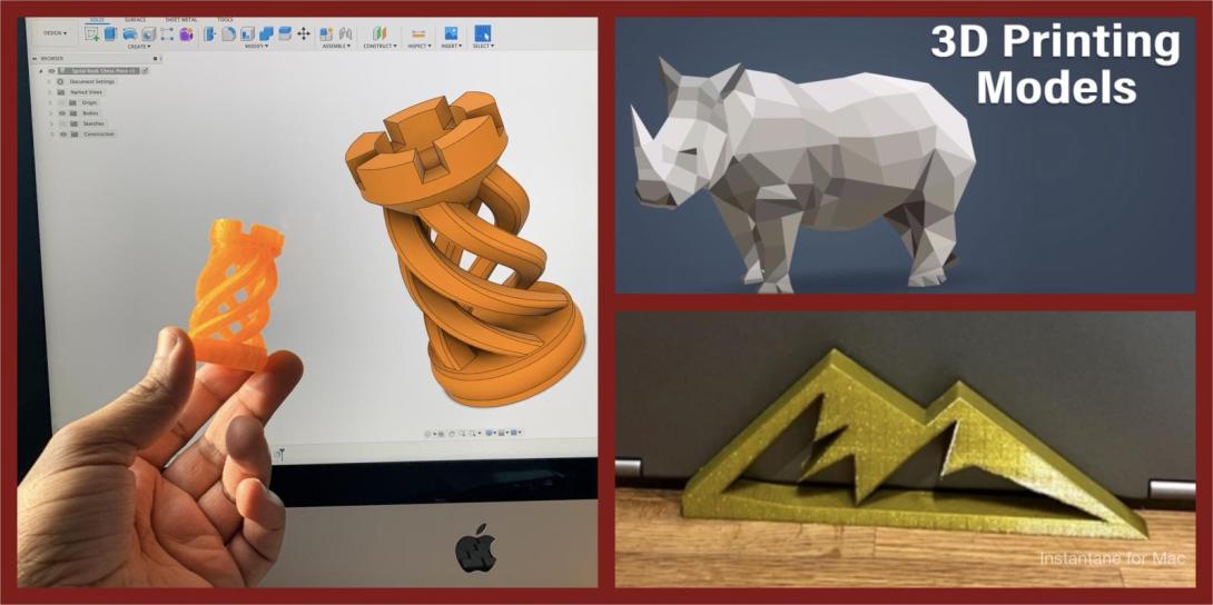 A collage showing 3D printing projects, including a CAD model on a computer screen, a small printed object held in hand, and finished geometric 3D prints.