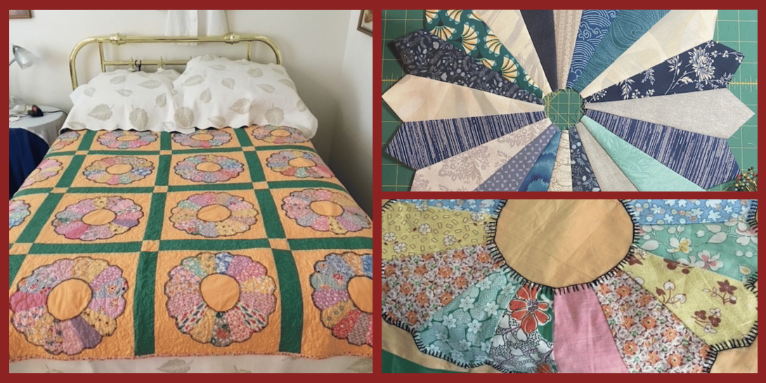 A collage showing quilting at different stages. Left: a finished quilt on a bed with repeated floral blocks in warm colors. Top right: fabric wedges laid out in a circular pattern on a cutting mat. Bottom right: a close-up of a hand-stitched floral block with a round center and decorative stitching.