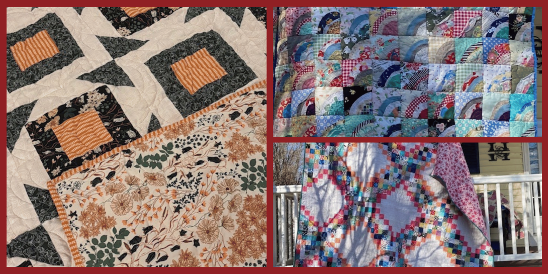 A collage of finished quilts showing detailed patchwork patterns, colorful fabric blocks, and a quilt displayed outdoors on a railing.