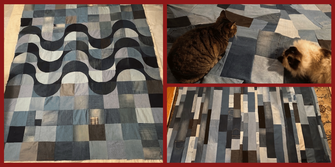 A collage of a blue denim quilt with geometric patterns, including close-ups of patchwork strips and two cats resting on the quilt.