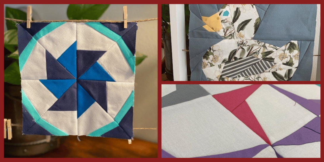A collage of quilt blocks in progress. Left: a blue, white, and teal geometric block clipped to a line. Top right: a block with floral and striped fabric pieces. Bottom right: a close-up of a pinwheel-style block in white, purple, and pink fabrics.