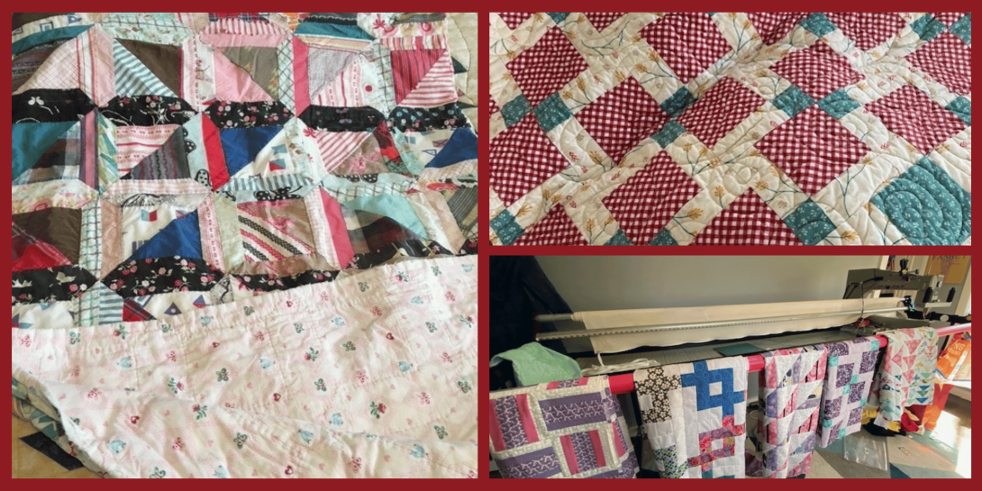 A collage of finished quilts and works in progress, showing colorful patchwork patterns, quilted textures, and several quilts hanging to dry on a longarm frame.