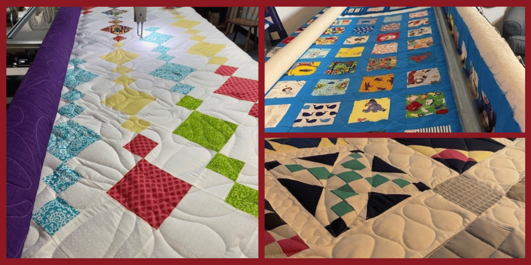 A collage of quilts on a longarm machine, showing colorful patchwork blocks and close-ups of quilted stitching patterns.