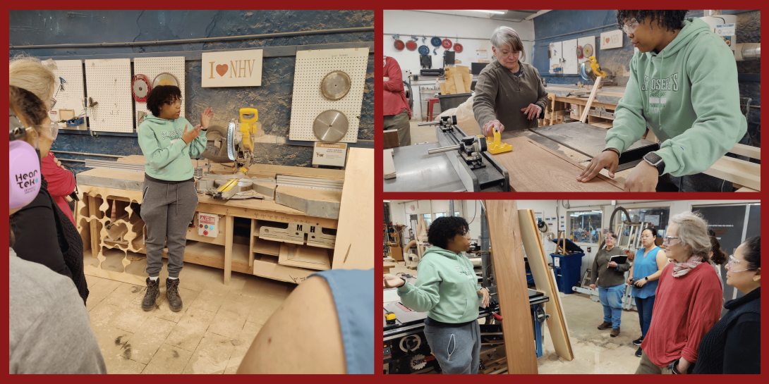 A collage of a woodworking class, with an instructor demonstrating tools and techniques while participants watch and work with lumber in a shared workshop.