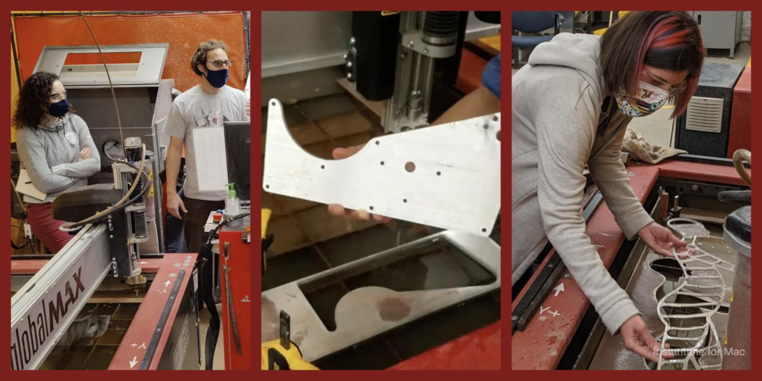 Three side-by-side photos show people in a workshop using a waterjet cutter to create metal parts, including a person holding a finished white component and another lifting a complex metal cutout from the machine.