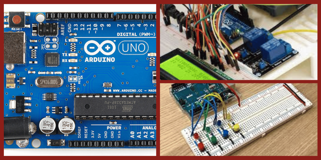A blue Arduino Uno circuit board is shown on the left, while two smaller images on the right show the board connected to a breadboard with jumper wires, LEDs, and an LCD screen.